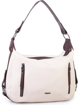 Nas Bag Çok Gözlü Kadın Omuz ve Çapraz Çanta (33X25 cm ) Krem Kahve Victoria