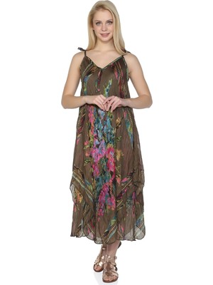 Askılı Vual Afrodit Midi Boy Yazlık Elbise Haki 6061