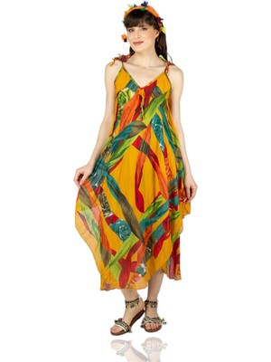 Askılı Vual Afrodit Midi Boy Yazlık Elbise Hardal 6150