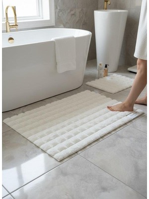 Rossev Tavşan Tüyü Krem Klozet Takımı Banyo Paspası Kaymaz TPR Taban Yıkanabilir 2'li Set 40x60-60x100