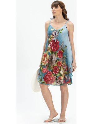 Askılı Vual Afrodit Kısa Yazlık Elbise Buz Mavi 6121