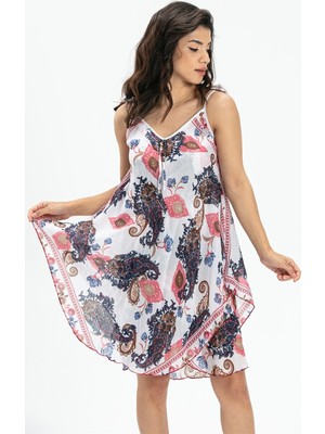 Askılı Vual Afrodit Kısa Yazlık Elbise Pembe-Beyaz 6144