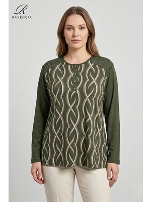 Ravencia Kadın Cizgi Desenli Baskılı Omuzu Taşlı Likralı Yırtmaçlı Düğmeli Anne Penye Bluz