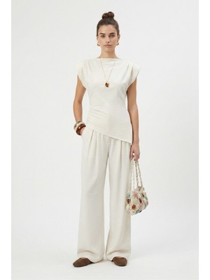 Ritnice Kadın Elvis Modal Touch Vatkalı Asimetrik Bluz Bel Lastikli Krem Alt Üst Takım