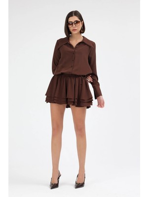 Diemmood Kadın Gömlek Yaka Volanlı Pileli Kahverengi Mini Elbise