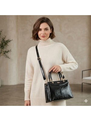 Nas Bag Kadın Şık El ve Omuz Çanta Siyah Rugan