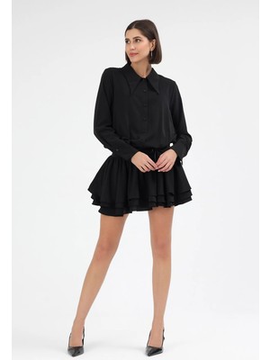 Diemmood Kadın Gömlek Yaka Volanlı Pileli Siyah Mini Elbise