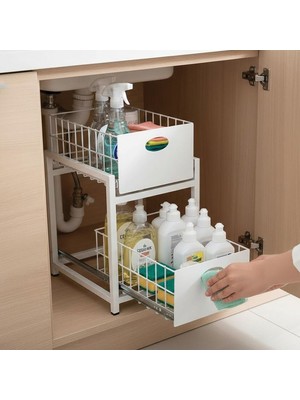 PremiumPort Beyaz 2 Çekmeceli Çok Amaçlı Organizer Sepet 25X42 cm Raylı Sistem