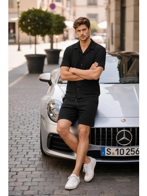 Modatıkla Erkek Waffle Kumaş Kısa Kollu Gömlek Şort Takım Regular Fit Yazlık Ikili Set - Siyah