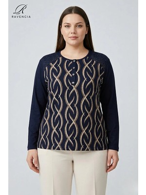 Ravencia Kadın Cizgi Desenli Baskılı Omuzu Taşlı Likralı Yırtmaçlı Düğmeli Anne Penye Bluz