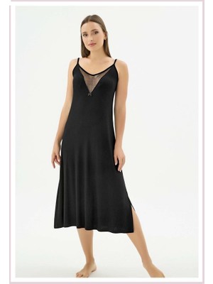 Sevim 17451 Siyah Ip Askılı Sırt Dekolteli Midi Boy Gecelik