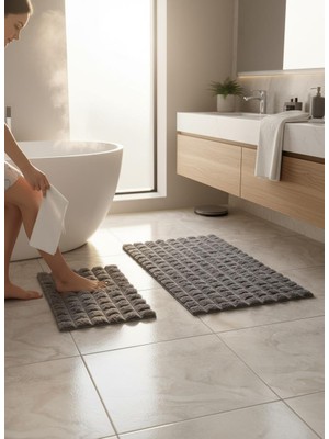 Rossev Tavşan Tüyü Füme Klozet Takımı Banyo Paspası Kaymaz TPR Taban Yıkanabilir 2'li Set 40x60-60x100