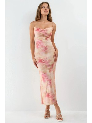 Hiccup Kadınlar Degaje Yaka Desenli Maksi Elbise Pembe