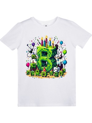 EZ Design Minecraft Doğum Günü 8 Yaş Baskılı Tasarım Çocuk T-Shirt