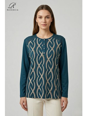 Ravencia Kadın Cizgi Desenli Baskılı Omuzu Taşlı Likralı Yırtmaçlı Düğmeli Anne Penye Bluz