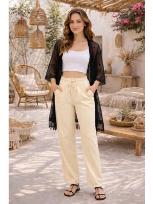 Freemen Kadın Yüksek Bel Gabardin Kumaş Bol Paça Rahat Kalıp Yazlık Pantolon