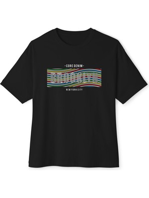 Tişört Kodu Core Denim Brooklyn Oversize Tişört – Modern Çizgi Desenli Unisex Siyah T-Shirt