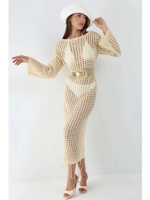 Hiccup Kadınlar %100 Pamuk Delikli Maxi Triko Plaj Elbisesi Natural