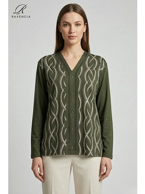 Ravencia Kadın V Yaka Cizgi Desen Baskılı Simli Taşlı Likralı Anne Penye Bluz