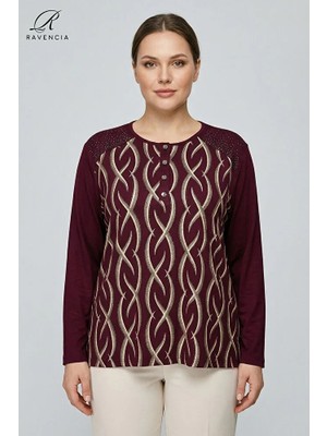 Ravencia Kadın Cizgi Desenli Baskılı Omuzu Taşlı Likralı Yırtmaçlı Düğmeli Anne Penye Bluz
