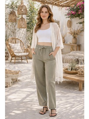 Freemen Kadın Yüksek Bel Gabardin Kumaş Bol Paça Rahat Kalıp Yazlık Pantolon