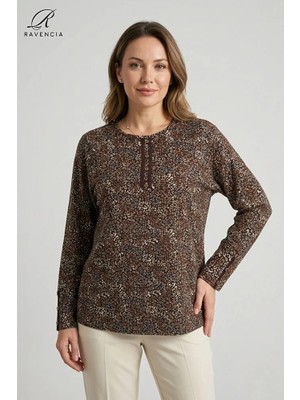 Ravencia Kadın Leopar Desen Baskılı Simli Likralı Anne Penye Bluz