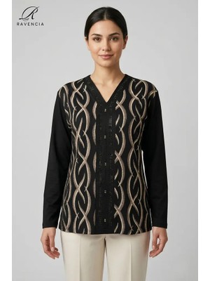 Ravencia Kadın V Yaka Cizgi Desen Baskılı Simli Taşlı Likralı Anne Penye Bluz