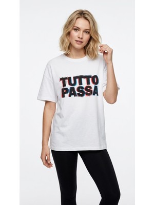 Hoxie Unisex Beyaz 'tutto Passa' Baskılı Oversize Tişört