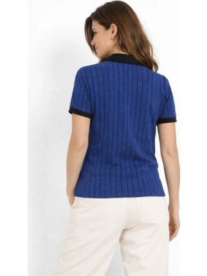 Lunelis Polo Yaka Çizgili Tişört Kısa Kol Düğmeli Yazlık T-Shirt - Saks Mavisi