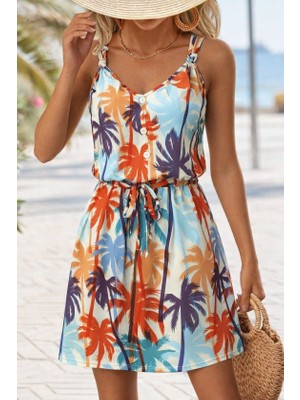 Lunelis Kadını Askılı V Yakalı Duğme Detaylı Desenli Kısa Süprem Elbise