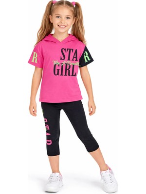 Sellfie Kız Çocuk Stay Girl Yazılı Kapüşonlu Tişört Kapri Taytlı Fuşya Renk İkili Takım