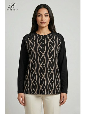 Ravencia Kadın Cizgi Desenli Baskılı Omuzu Taşlı Likralı Yırtmaçlı Düğmeli Anne Penye Bluz