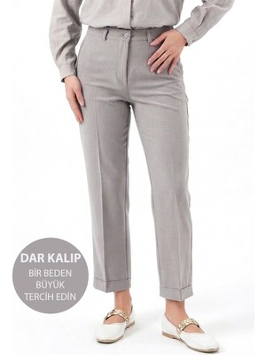 Lale Butik Büyük Beden Kadın Yırtmaç Detay Bilek Boy Kumaş Pantolon 07 Açık Gri