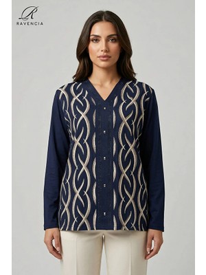 Ravencia Kadın V Yaka Cizgi Desen Baskılı Simli Taşlı Likralı Anne Penye Bluz