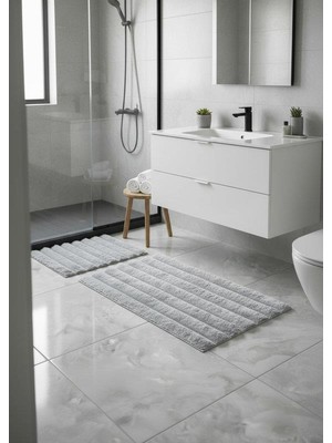 Rossev Tavşan Tüyü Gri Klozet Takımı Banyo Paspası Kaymaz TPR Taban Yıkanabilir 2'li Set 40x60-60x100