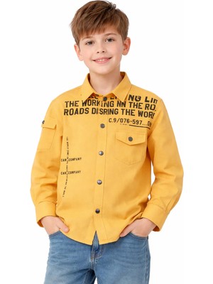 İrem Çocuk Giyim Erkek Çocuk Katlamalı Kol Model Çıtçıt Kapamalı Life Yazı Desenli  Sarı Renk Mevsimlik Gömlek