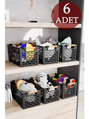 PremiumPort 6'lı Siyah Ahşap Görünümlü Çok Amaçlı Sepet Organizer Seti