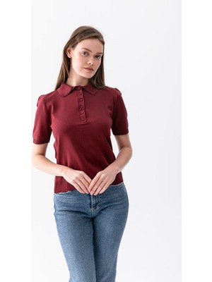 Wega Moda Polo Yaka Kısa Kollu Kadın Triko Tişört – Düğmeli Ince Örme Günlük Şık Kadın Tişört