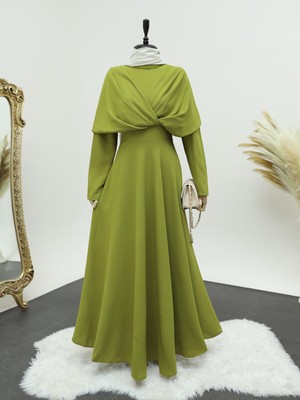 Moda Morfo Önü Çapraz Çift Kat Hakim Yaka Krep Elbise -Yağ Yeşili