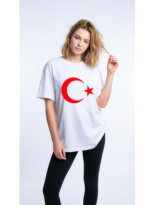 Hoxie Unisex Ay Yıldız Baskılı Beyaz T-Shirt - Türk Bayrağı Tasarımlı Pamuklu Oversize Tişört