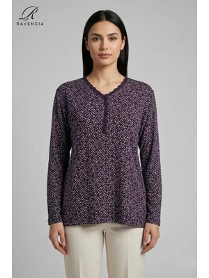 Ravencia Kadın V Yaka Yıldız Desen Baskılı Taşlı Düğmeli Likralı Anne Penye Bluz