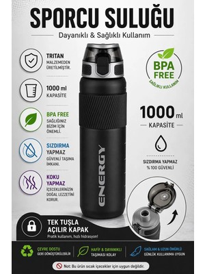 Voit Energy Tritan Suluk 1000 ml Siyah Renkli Dayanıklı ve Hafif BPA İçermeyen Tasarım