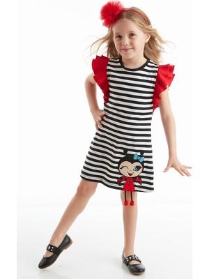Denokids Uğurlu Kız Çocuk Çizgili Elbise Kısa Silüet Günlük Stil Siyah