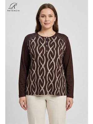 Ravencia Kadın Cizgi Desenli Baskılı Omuzu Taşlı Likralı Yırtmaçlı Düğmeli Anne Penye Bluz