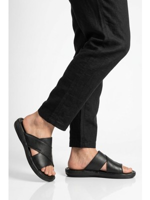 Ayakmod Siyah Hakiki Deri Yumuşak Taban Erkek Terlik 8523 M