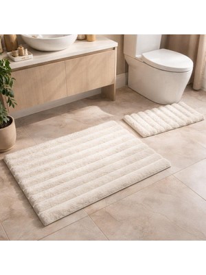 Rossev Tavşan Tüyü Krem Klozet Takımı Banyo Paspası Kaymaz TPR Taban Yıkanabilir 2'li Set 40x60-60x100