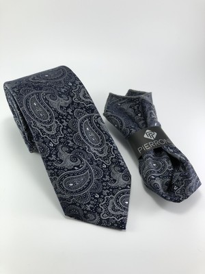 Pierroni Gri Şal Desen Mendilli Kravat Renk: Gri - Siyah, Şıklık Vurgusu ile Uygun