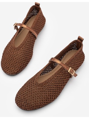 Marjin Kadın Yuvarlak Burun Mary Jane Fileli El Örgüsü Bantlı Babet Ugera Bakır