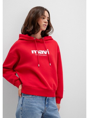 MAVİ Erkek Kapüşonlu Kırmızı Sweatshirt Uzun Kol Cepli Orta Kalınlıkta Ekstra Konfor
