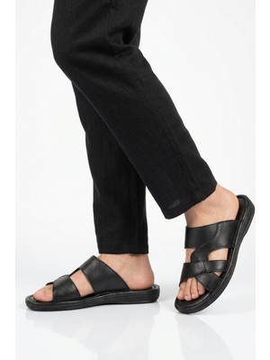 Ayakmod Siyah Hakiki Deri Yumuşak Taban Erkek Terlik 8521 M
